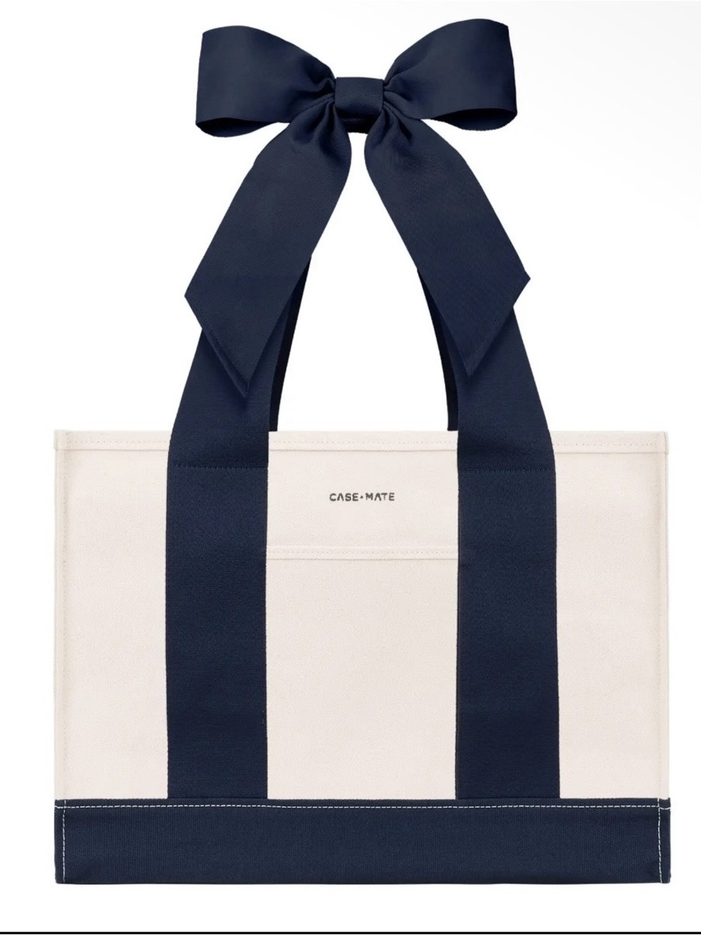 case-mate Cream Canvas Tote with Navy Ribbon Handles and Bow